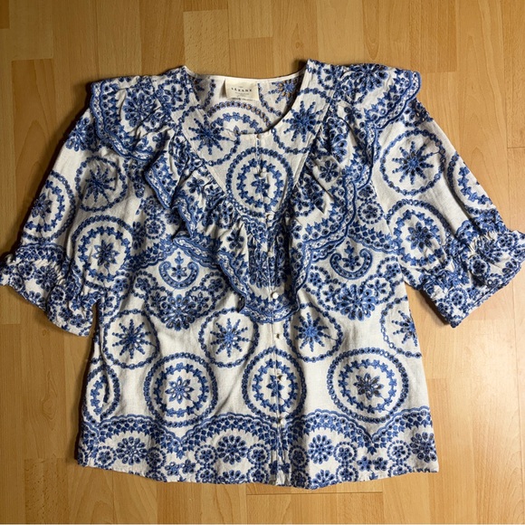Sezane South Blouse in Ecru Blue Eyelet Embroidered Ruffle Linen Blend - Picture 7 of 13